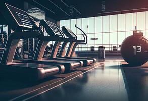 Treadmill in modern gym. Toned image. 3D Rendering photo