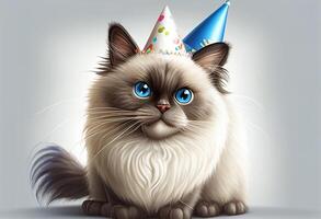 Cute cat with birthday hat on gray background, 3d rendering photo