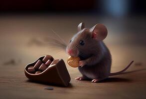 Brown mouse with chocolate candies on dark background. 3d illustration photo