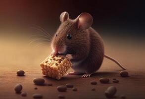 marrón ratón con chocolate golosinas en oscuro antecedentes. 3d ilustración generativo ai foto