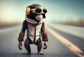 Funny monkey dressed as aviator with helmet and goggles on the road photo