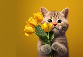 Cute kitten with bouquet of yellow tulips on yellow background photo