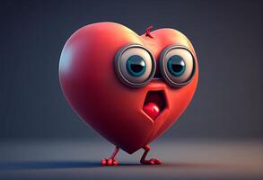 Heart character with surprised expression, 3d illustration, over gray background photo