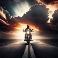 Motorcycle rider on the road in the mountains at sunset time. generative ai photo
