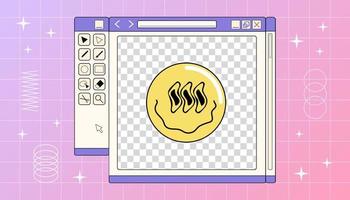 un computadora ventana de retro gráfico redactor con sonriente cara en un degradado fondo, vector y2k ilustración.