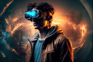 illustration of an enthusiastic young men wearing virtual reality goggles is inside the metaverse. Metaverse concept and virtual world elements. Neural network art photo