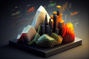 illustration of crypto market data, chart, silhouette crypto currency market, isometric, colorful gradient background photo