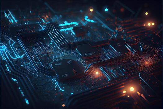 illustration of macro shot of circuit cyberspace board with computer motherboard component microchip with chip structure. Neural network generated art. photo