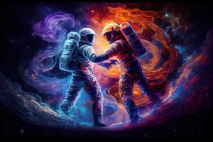 illustration of two astronauts, dressed in spacesuits, are floating in zero gravity while dancing closely. The background is a breathtaking view of the galaxy, with stars and nebulae photo