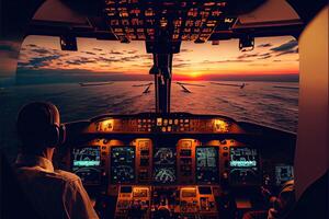 illustration of aircraft flight deck. The pilots at work. View from airplane cockpit photo