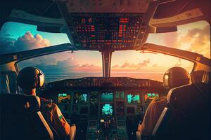 illustration of aircraft flight deck. The pilots at work. View from airplane cockpit photo