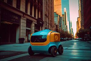 generativo ai ilustración de el futuro de entrega tecnología con autónomo mensajero robots en bullicioso urbano paisajes, un entrega robot como bien como autónomo entrega carros creado por un negocio foto