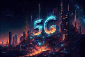 generativo ai ilustración de futurista ciudad a noche, 5g Internet red inalámbrico sistemas y Internet de cosas, inteligente ciudad y comunicación red concepto. foto