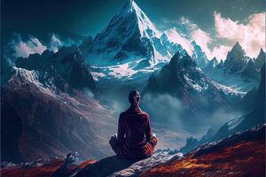 generativo ai ilustración de mujer meditando en el montañas foto