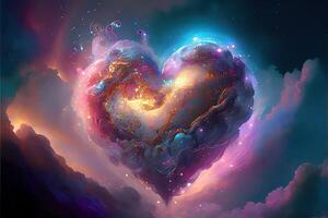 illustration of a heart floats in a surreal environment filled with clouds and swirling, pastel-colored gases, the heart is surrounded by a halo of glitter and holographic foil photo