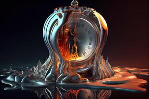 generativo ai ilustración de el espejismo de tiempo, un surrealista reloj hecho de dorado y mercurio materiales, derritiendo en un distorsionado y fluido conducta foto