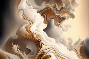 illustration of abstract fluid composing waves of varying sizes and colors is divided into layers, taupe, ivory, white, beige, and soft gold colors, gold glitter photo