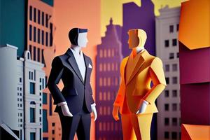 Business man in the city background, colorful. Business handshaking, successful concept. Paper cut craft, 3d paper illustration style. Neural network generated art. photo