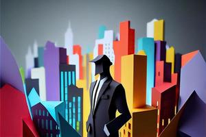 Business man in the city background, colorful. Business handshaking, successful concept. Paper cut craft, 3d paper illustration style. Neural network generated art. photo