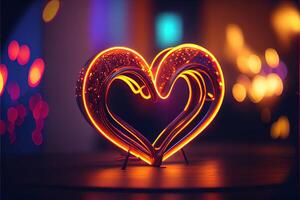 illustration of love heart neon light, decor, bright light, romantic. Love and valentine day concept. Neural network generated art. Digitally generated image. photo