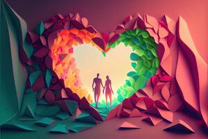 illustration of origami Valentine day background, happy couple, colorful. Paper cut craft, 3d paper style. Neural network generated art. Digitally generated image photo