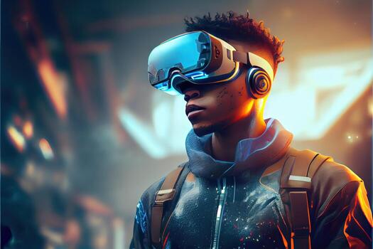 illustration of an enthusiastic young men wearing virtual reality goggles is inside the metaverse. Metaverse concept and virtual world elements. Neural network art photo