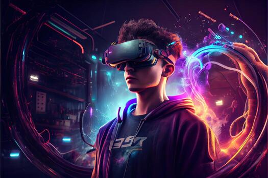 illustration of an enthusiastic young men wearing virtual reality goggles is inside the metaverse. Metaverse concept and virtual world elements. Neural network art photo