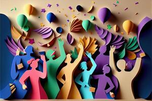 illustration of People in New Year's Eve party background, men and women celebrating holidays together, partying, cheering and dancing. Paper cut craft, 3d paper illustration style. photo