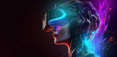 illustration of Metaverse concept and virtual world elements. Side view of human face in augmented or virtual reality headset inside the metaverse photo