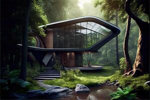 illustration of A prototype architectural design for a futuristic, eco-friendly home, with a sleek, modern design with a small stream running through the yard. photo