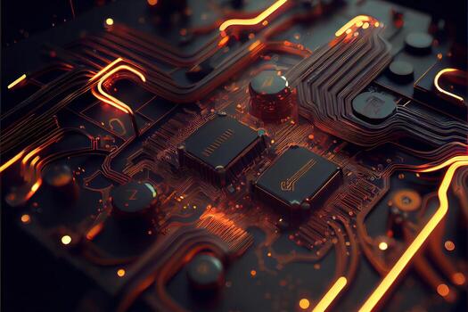 illustration of macro shot of circuit cyberspace board with computer motherboard component microchip with chip structure. Neural network generated art. photo