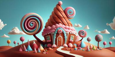 illustration of a sweet and magical world with candy land landscape and gingerbread fantasy house photo