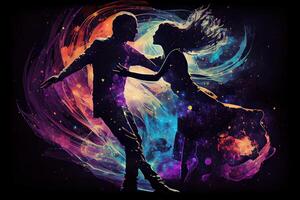generativo ai ilustración de un encantador imagen de dos amantes bailando en un mágico espacio antecedentes foto