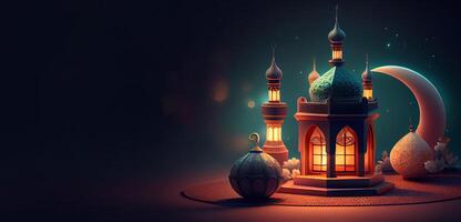 generativo ai ilustración de islámico día festivo. Ramadán noche. mezquita y linterna desplegado en etapas con brillante ligero en el noche. fondo de pantalla y bandera antecedentes. foto