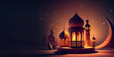 illustration of Islamic holiday. Ramadan night. Mosque and lantern displayed on stages with glowing light in the evening. Wallpaper and banner background. photo