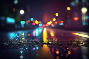 illustration of a light effect, blurred background. Wet asphalt, night view of the city, neon reflections on the concrete floor. Dark abstract background, dark empty street photo