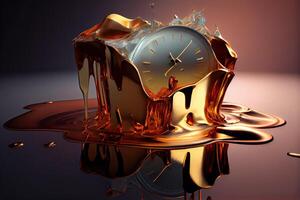 illustration of the illusion of time, a surreal clock made of golden and mercury materials, melting in a distorted and fluid manner photo