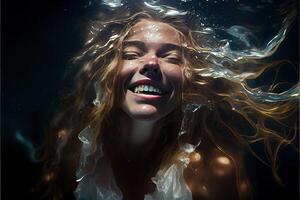 generativo ai ilustración de niña nada en nadando piscina submarino, contento activo adolescente inmersiones y tiene divertido debajo agua foto