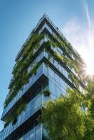 illustration of Gorgeous garden on the rooftop of a contemporary glass office building in Asia photo