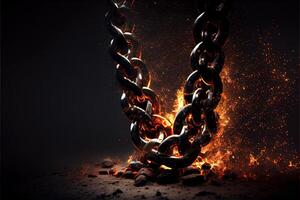 illustration of breaking steel chain with fire dust in dark background. Neural network generated art. photo