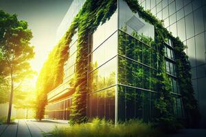 illustration of eco friendly construction in a contemporary metropolis. A sustainable glass building with green tree branches and leaves for lowering heat and carbon dioxide. photo