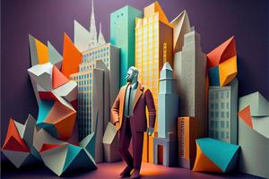 Business man in the city background, colorful. Business handshaking, successful concept. Paper cut craft, 3d paper illustration style. Neural network generated art. photo