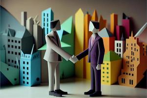 Business man in the city background, colorful. Business handshaking, successful concept. Paper cut craft, 3d paper illustration style. Neural network generated art. photo