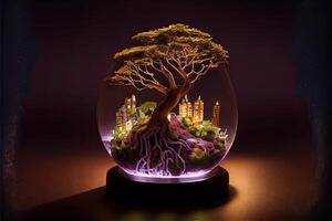 illustration of small root over rock bonsai inside a floating glass dome, tiny city, full tiny civilization with roads and lit buildings and skyscrapers, night cityscape photo