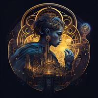 illustration of cyberpunk Zodiac sign with a industrial smoke, mechanic detail on shoulders, pollution, centered inside intricate gold and fire circle of city and Skyscrapers, steam punk photo