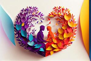 illustration of origami Valentine day background, happy couple, colorful. Paper cut craft, 3d paper style. Neural network generated art. Digitally generated image photo