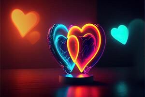 illustration of love heart neon light, decor, bright light, romantic. Love and valentine day concept. Neural network generated art. Digitally generated image. photo