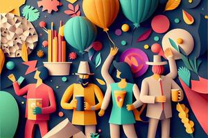 generativo ai ilustración de personas en nuevo años víspera fiesta fondo, hombres y mujer celebrando Días festivos juntos, ir de fiesta, aplausos y baile. papel cortar artesanía, 3d papel ilustración estilo. foto