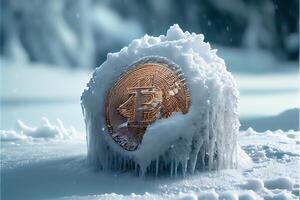 generativo ai ilustración de congelado bitcoin, frío y nieve. poco moneda símbolo en hielo y nieve foto