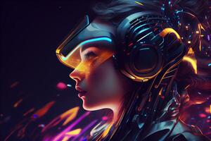 illustration of Metaverse concept and virtual world elements. Side view of human face in augmented or virtual reality headset inside the metaverse photo